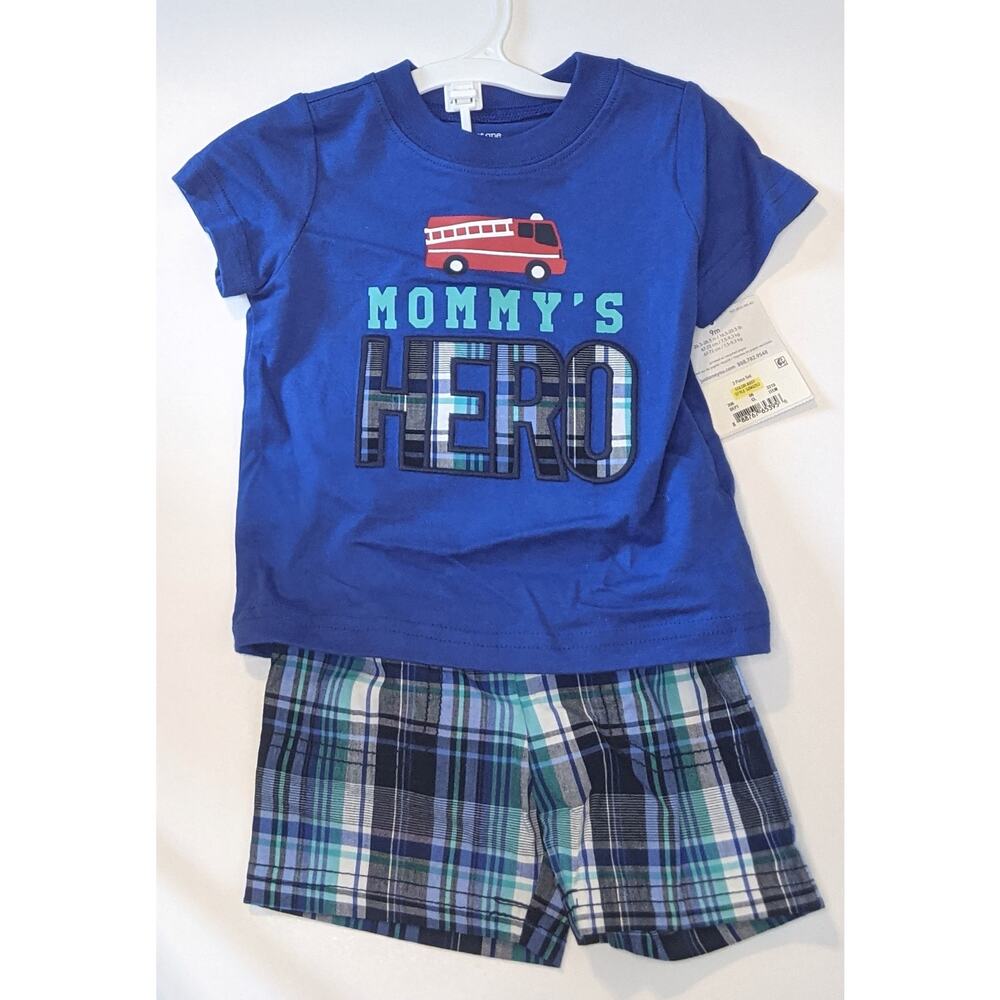 Carter's Fireman 2 piece set 9M‎ Outfit Mommy's Hero Shirt Shorts Blue Plaid
